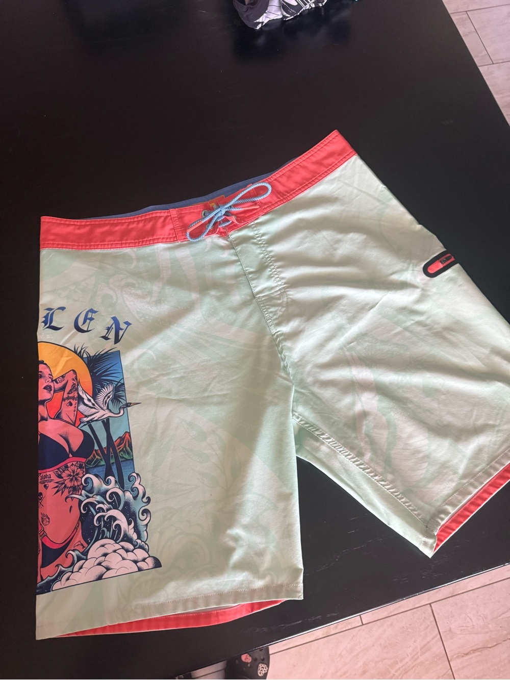 Men's SULLEN Mint Green Surf Boardshorts with Coral Waistband